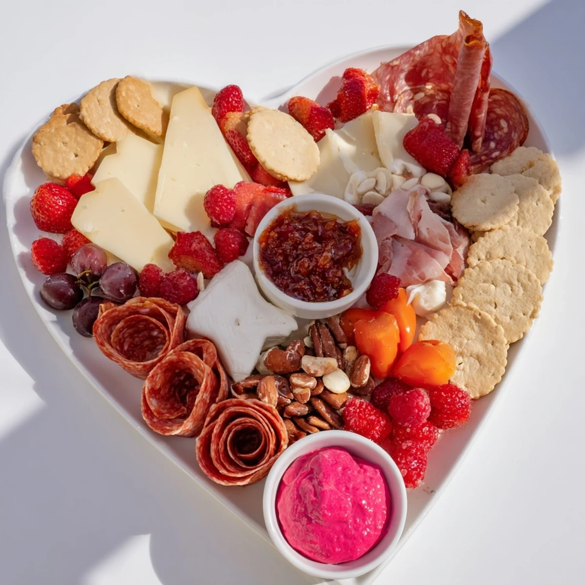 A close-up of The Heart of Romance Board showing colorful strawberries, cheeses, and charcuterie for sharing.