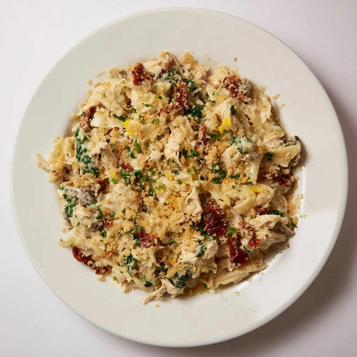 Golden brown Ritz cracker topping on a bubbly, hot Marry Me Chicken Casserole, a creamy American comfort food.