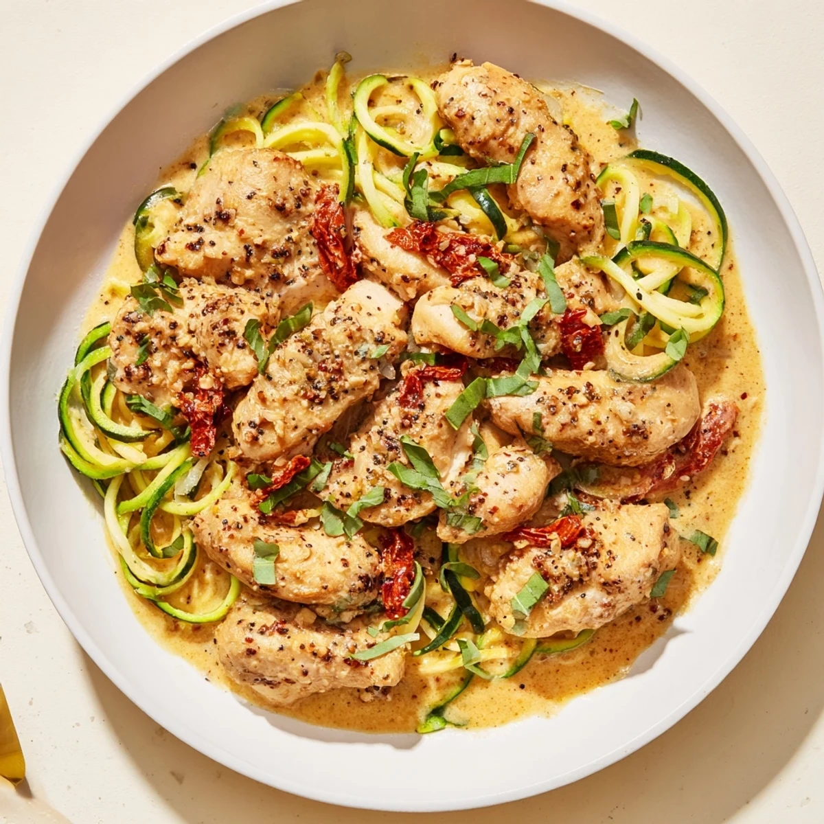 This is a beautiful picture of flavorful Marry Me Chicken Zoodles dish with a rich, creamy tomato sauce.