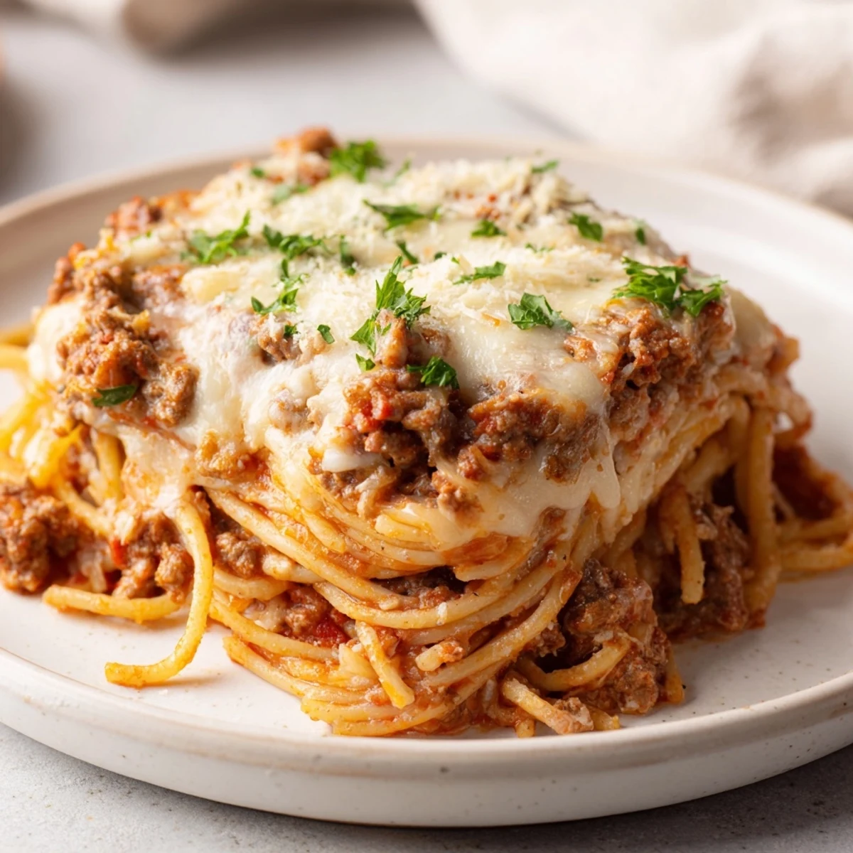 A close-up of Tini's Baked Spaghetti, glistening with melted cheese, promising a savory bite.