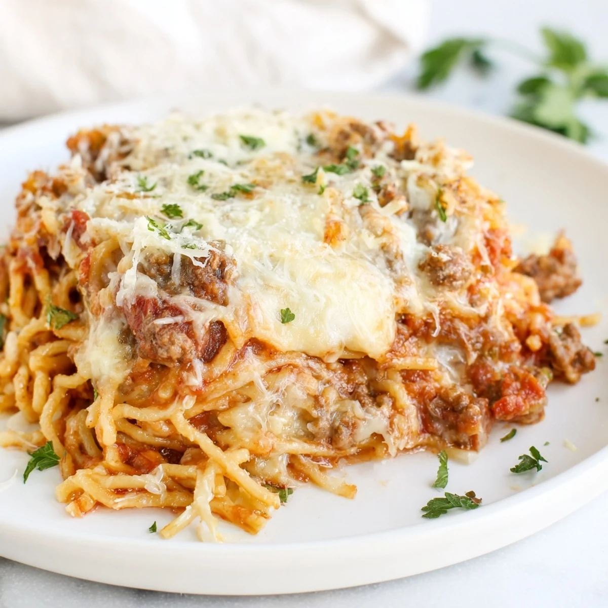 Golden-brown Tini's Baked Spaghetti, steaming from the oven, ready to serve with a garnish of parsley.