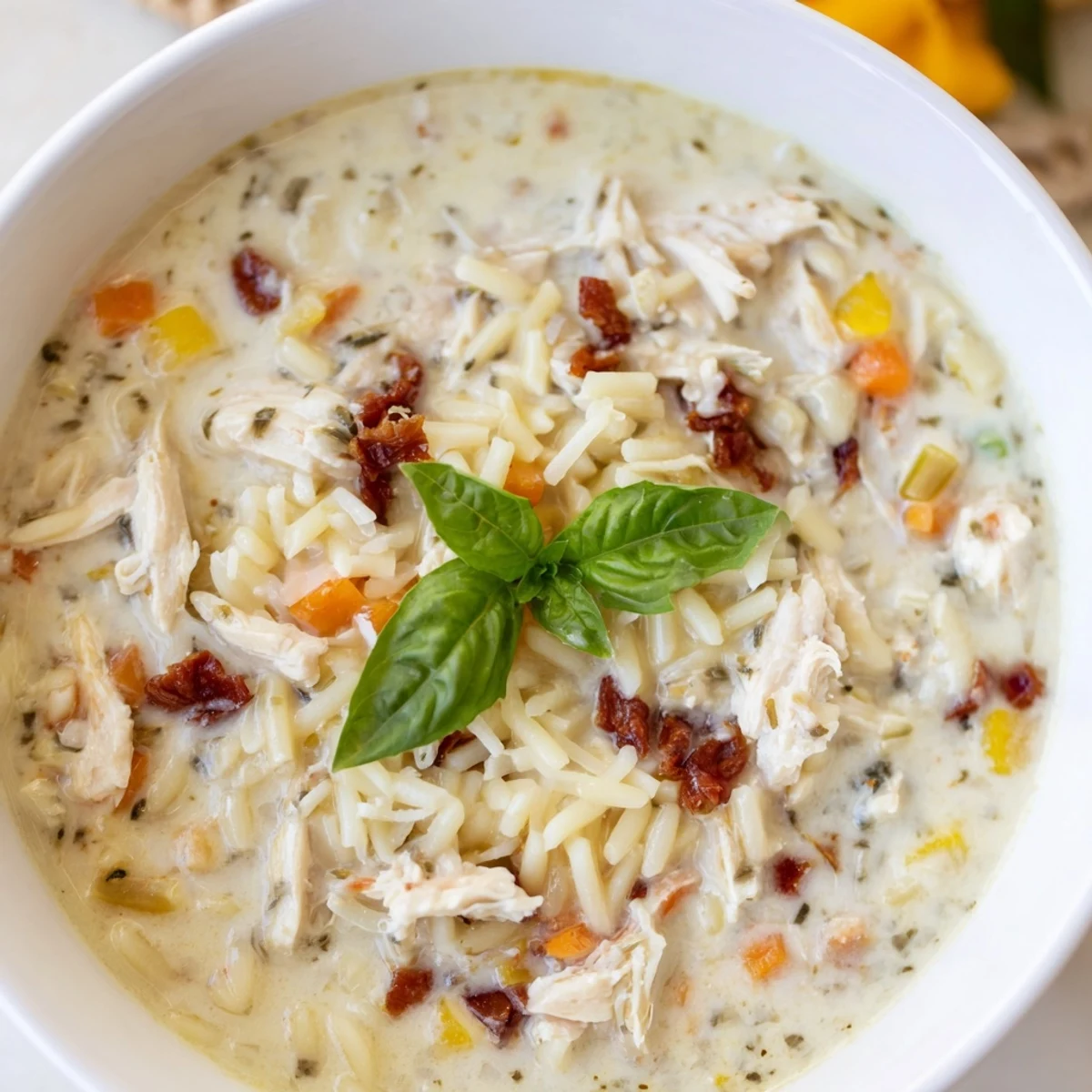 Steaming bowl of warm Marry Me Chicken Soup, brimming with tender chicken, pasta, and vibrant vegetables.