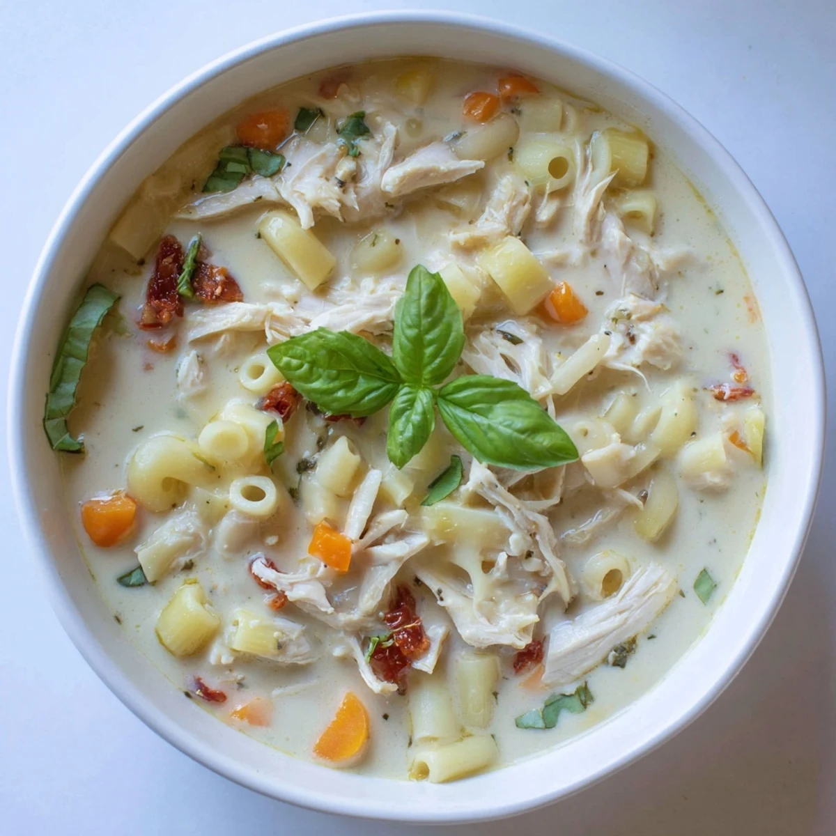 Creamy Marry Me Chicken Soup with sun-dried tomatoes is a flavorful Italian-American comfort food classic, garnished with basil.