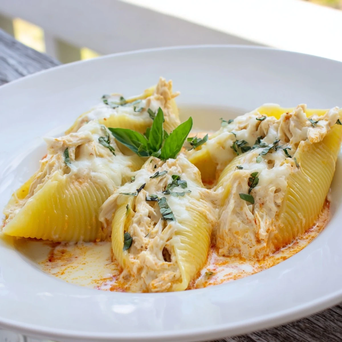 Marry Me Chicken Stuffed Shells, bubbling golden brown, topped with basil, ready to serve and enjoy.