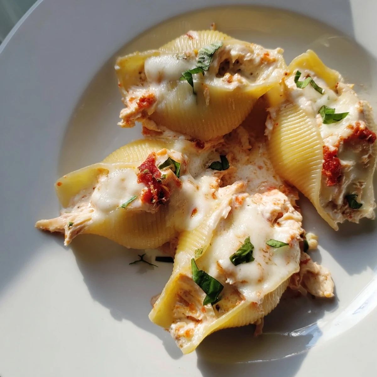 Warm, comforting Marry Me Chicken Stuffed Shells, baked in a 9x13 dish, perfect for a family meal.