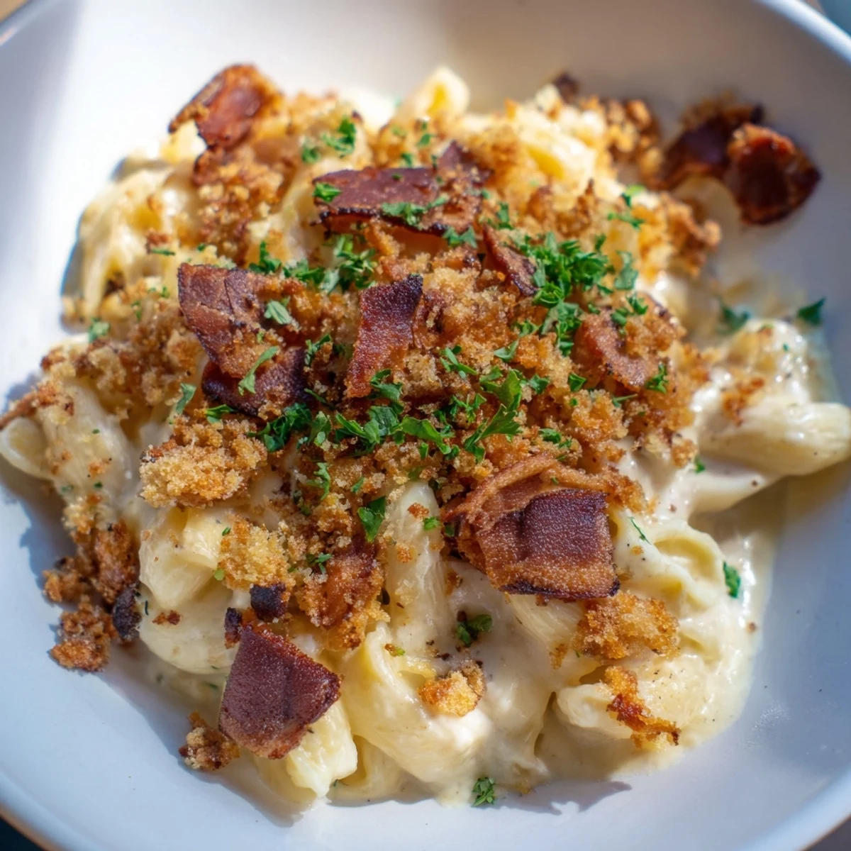 Creamy Tinis Mac and Cheese with Bacon, topped with crispy bacon, ready for a delicious bite.