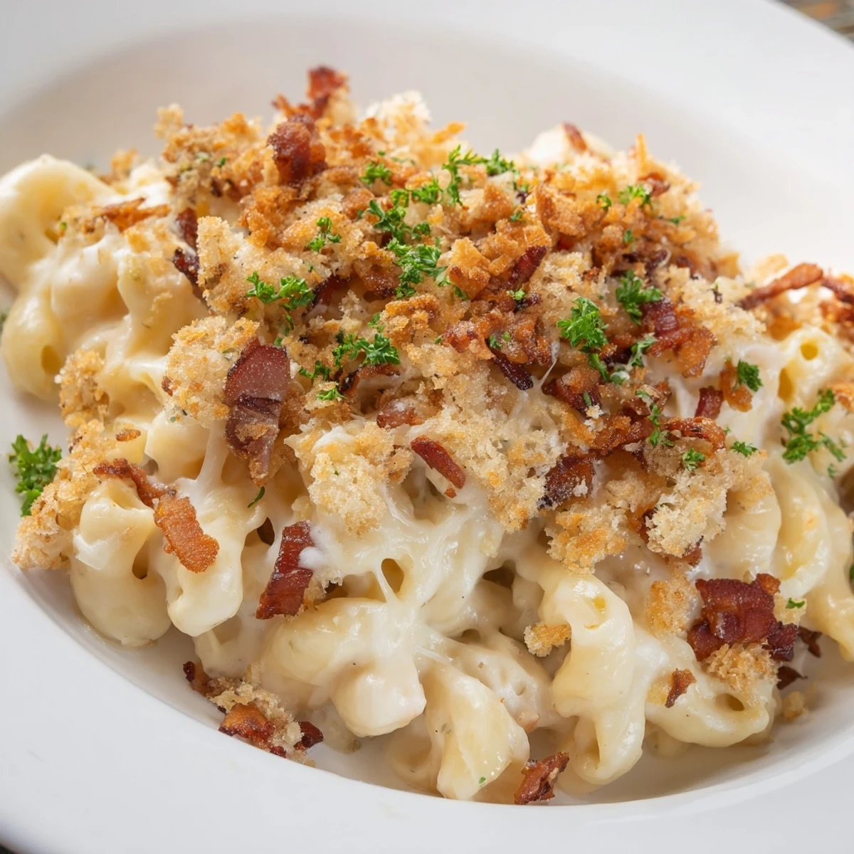 A comforting photo shows Tinis Mac and Cheese with Bacon, golden and bubbly after baking with bacon crumbles.