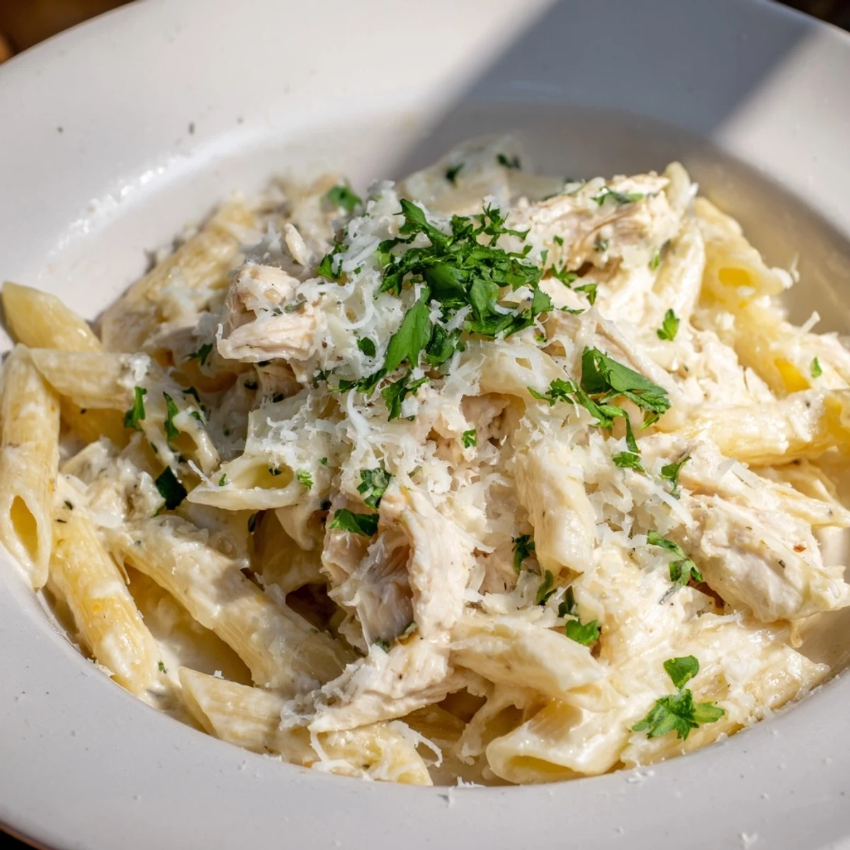 Steaming bowl of Tinis Creamy Chicken Pasta, garnished with parsley and extra Parmesan.