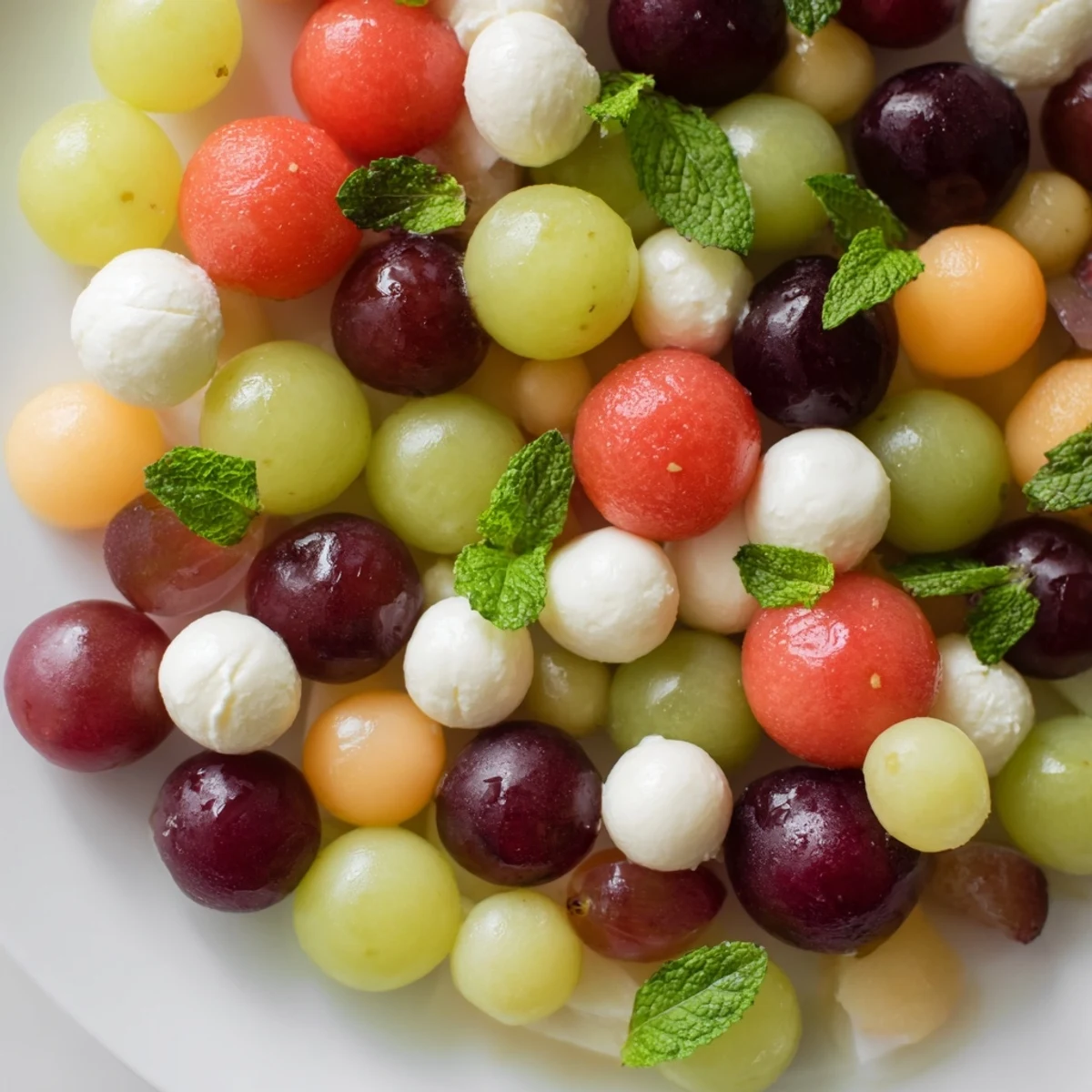 A colorful polka dot platter, featuring melon balls, cheese, and olives perfect for entertaining.