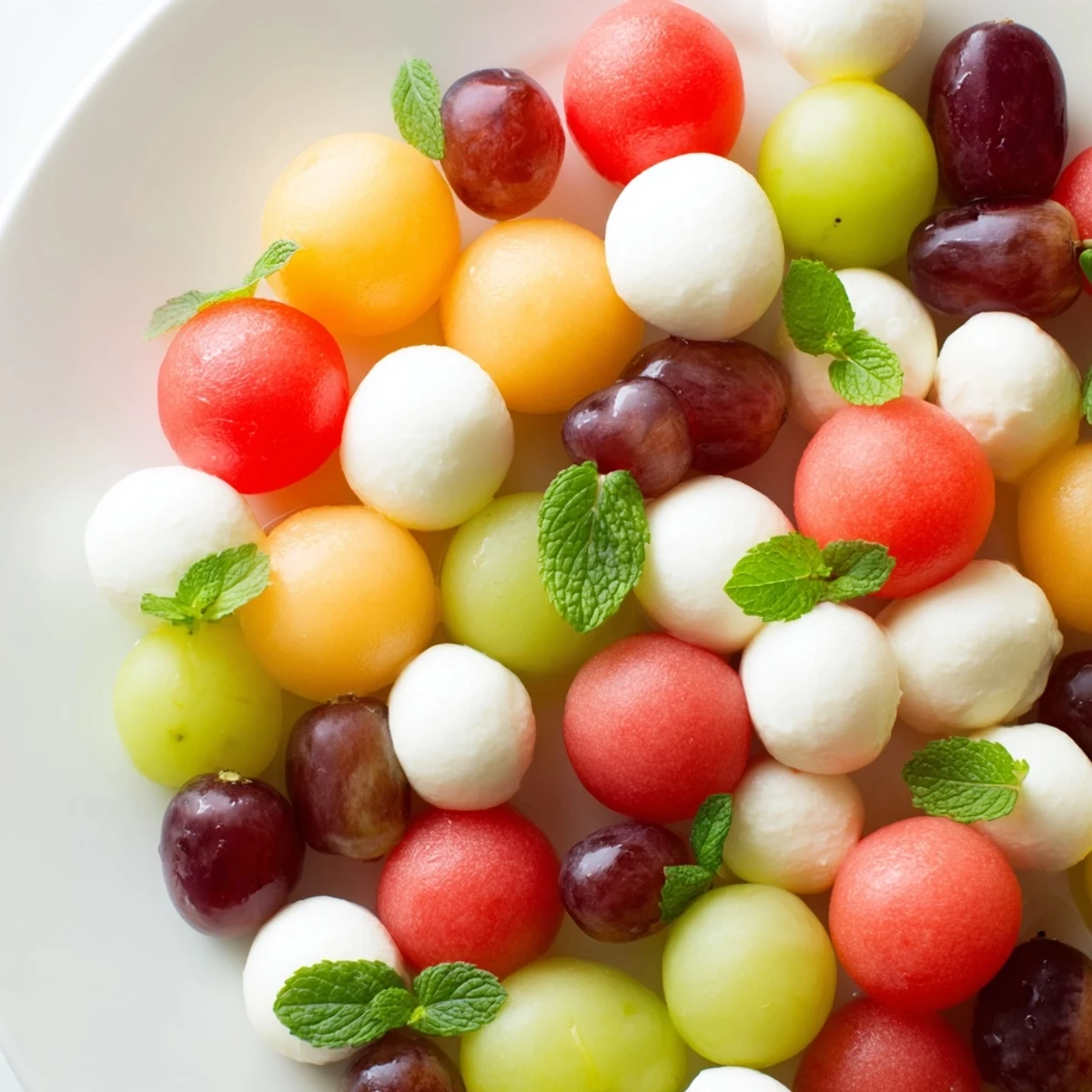 This vibrant Polka Dot Platter appetizer bursts with refreshing melon and savory cheese spheres.