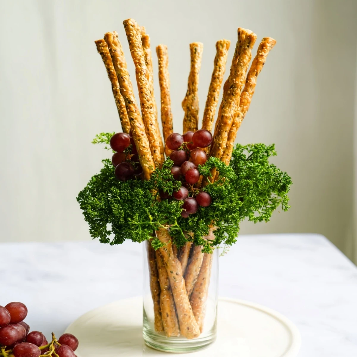 The Vertical Forest appetizer: tall breadsticks and fresh grapes offer a colorful, easy party snack.