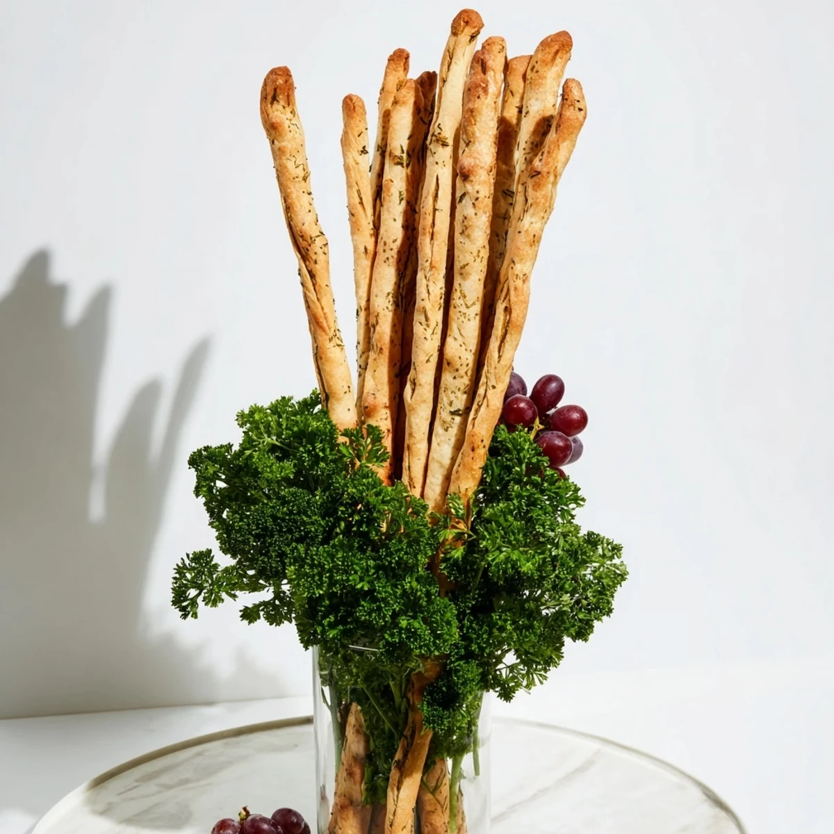 An artistic display of The Vertical Forest features breadsticks arranged like trees amid fresh grapes and parsley.