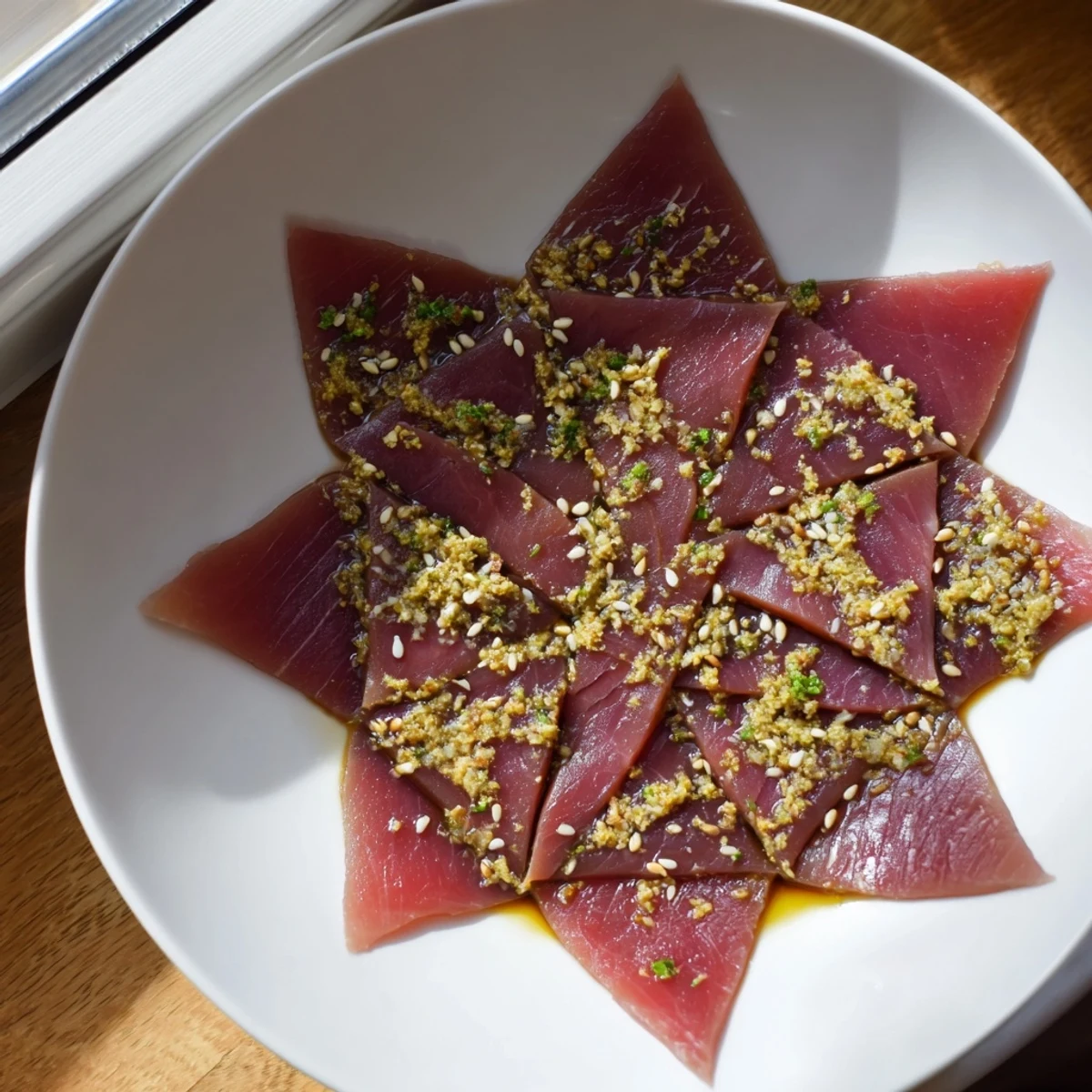 Savory Origami Fold Beef Appetizer, artfully arranged with vibrant arugula and sesame seeds, ready to enjoy.