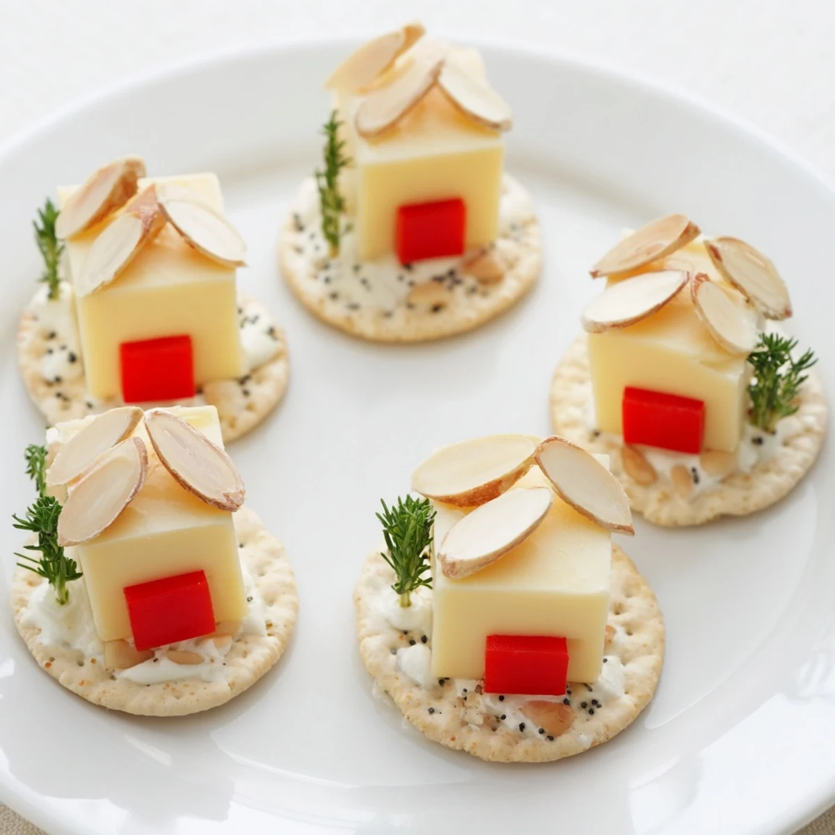 Adorable Alpine Village appetizer with cheese houses topped by almond roofs, snowy cracker base.