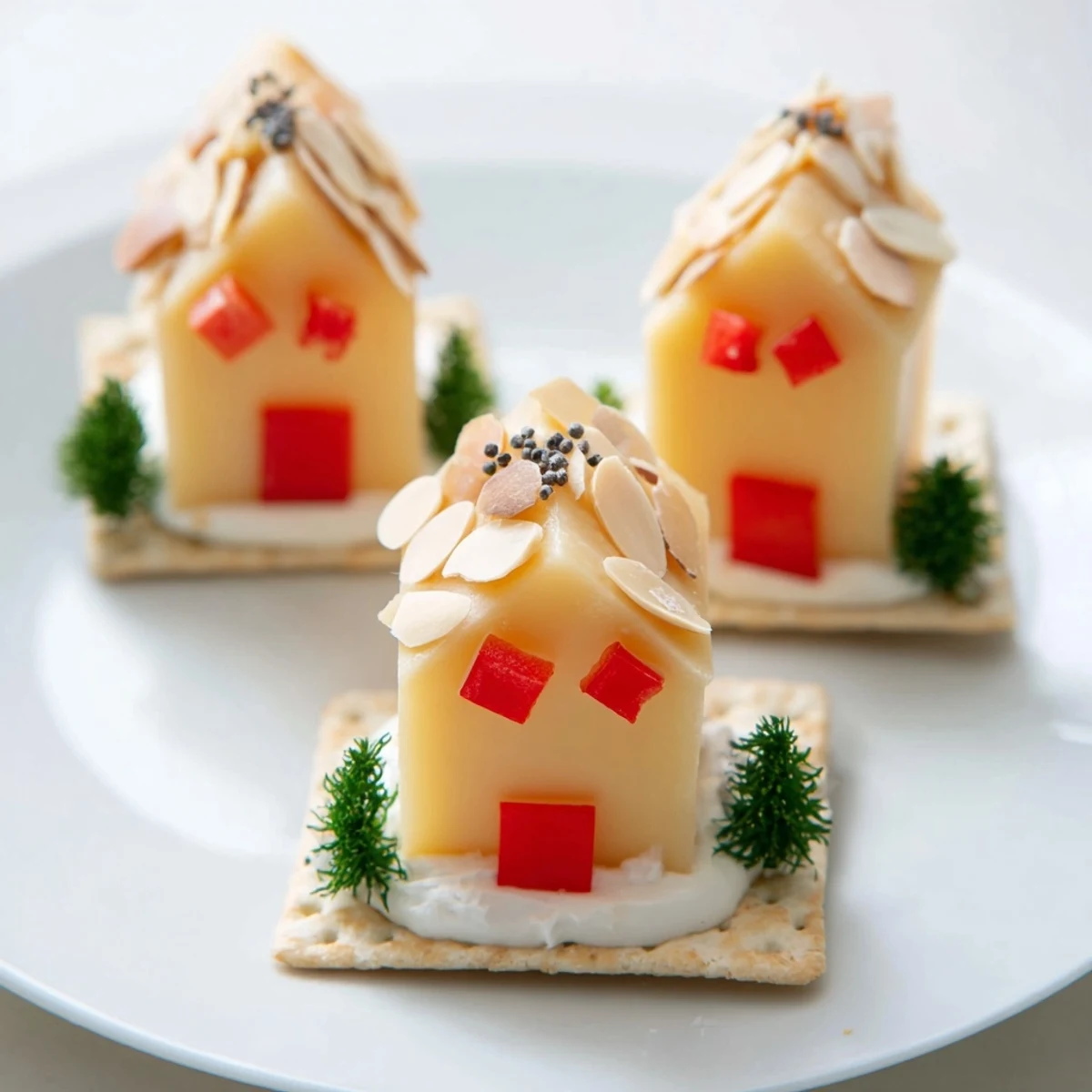 Festive Alpine Village appetizer showcases miniature cheese houses and a snowy cracker landscape, perfect for sharing.