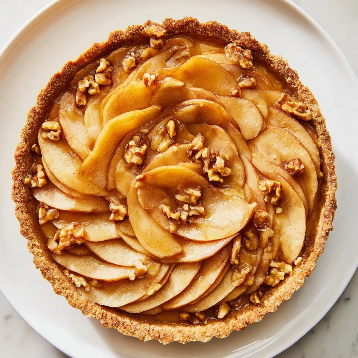 Golden-brown Lattice Orchard dessert showcases a beautiful apple lattice pattern over a sweet walnut filling.