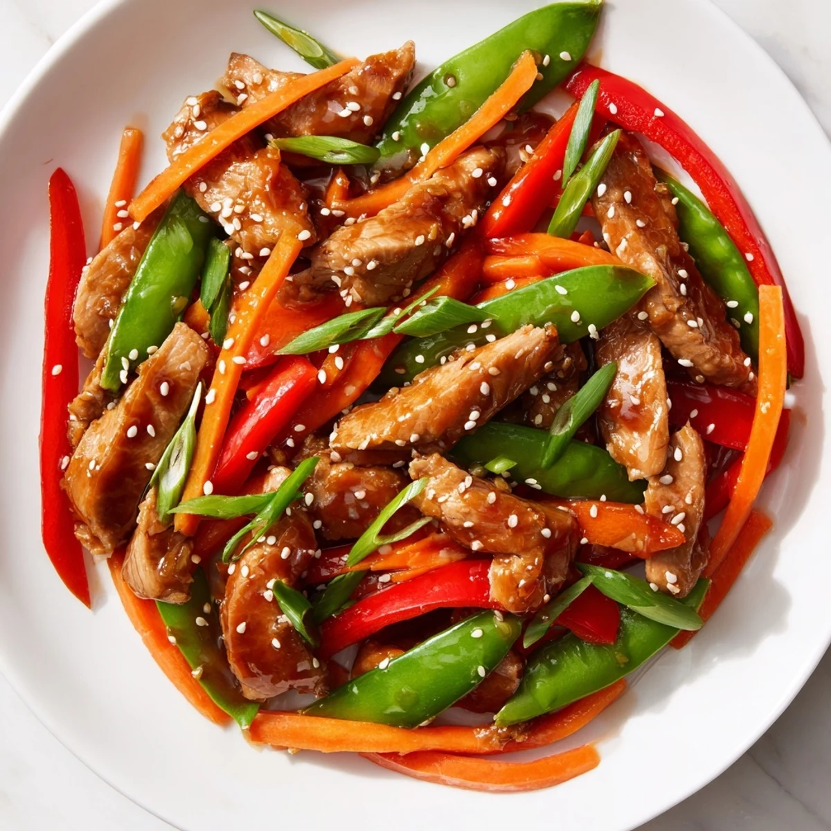 Enjoy a steaming bowl of sweet teriyaki pork stir-fry, full of savory flavors and vibrant vegetables.
