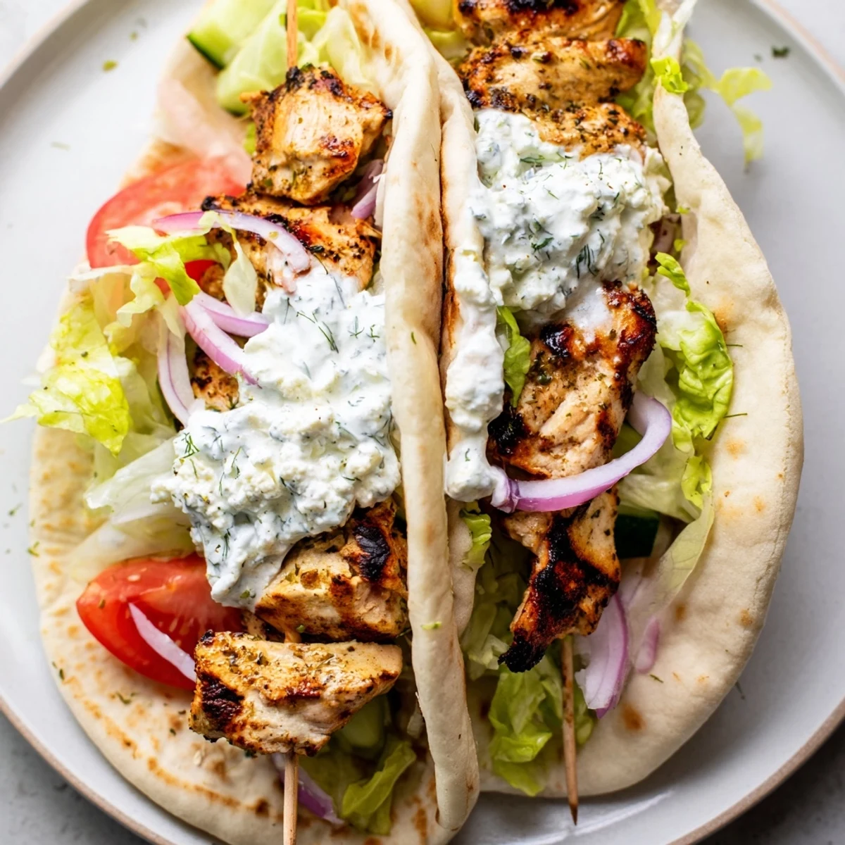 Juicy Greek Chicken Souvlaki Wraps filled with grilled chicken, cool tzatziki, and fresh veggies; a delicious lunch.