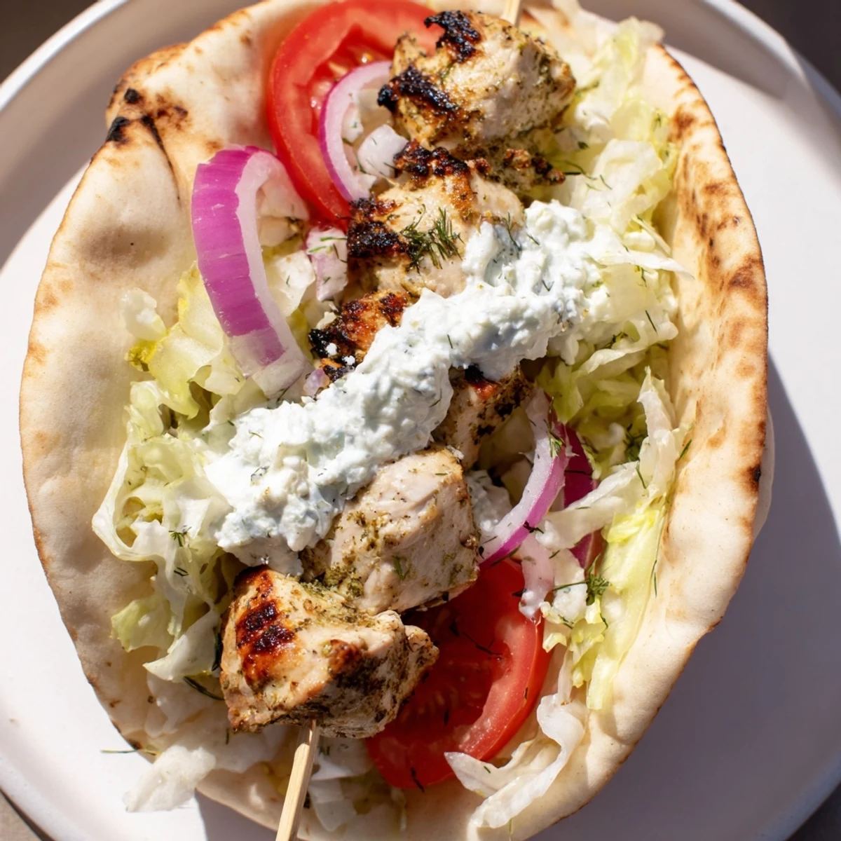 Visualize a plate piled high with Greek Chicken Souvlaki Wraps, ready to be devoured with gusto.