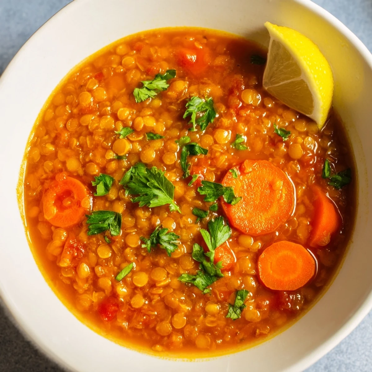 A steaming bowl of Spiced Carrot Lentil Soup, vibrantly orange, with cilantro garnish and a lemon wedge.