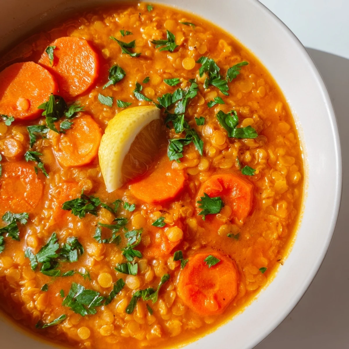 Close-up of a hearty Spiced Carrot Lentil Soup, showcasing the tender lentils and carrots, perfect for a warming meal.