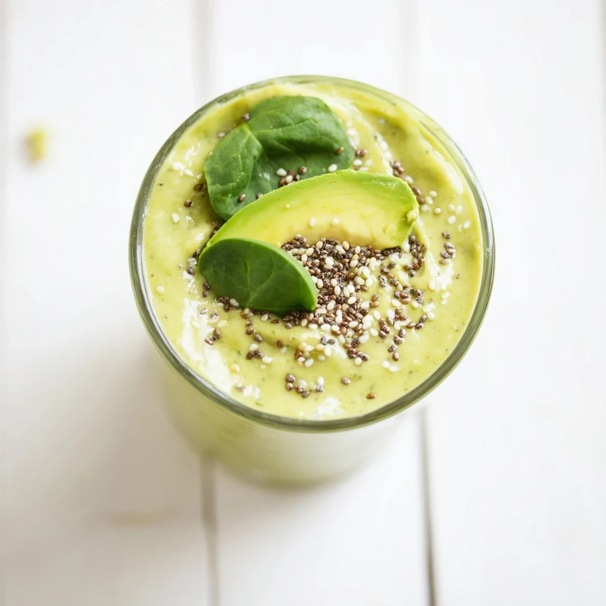 This Spinach Avocado Smoothie showcases a vibrant hue, great for a healthy vegan breakfast option.