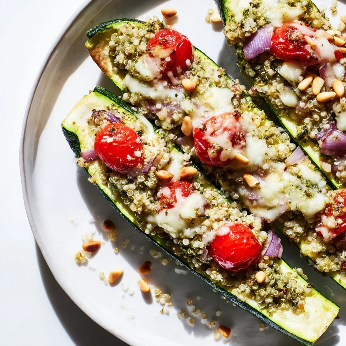 Cheesy Pesto Zucchini Boats, showcasing tender zucchini halves overflowing with melted mozzarella cheese and vibrant pesto.