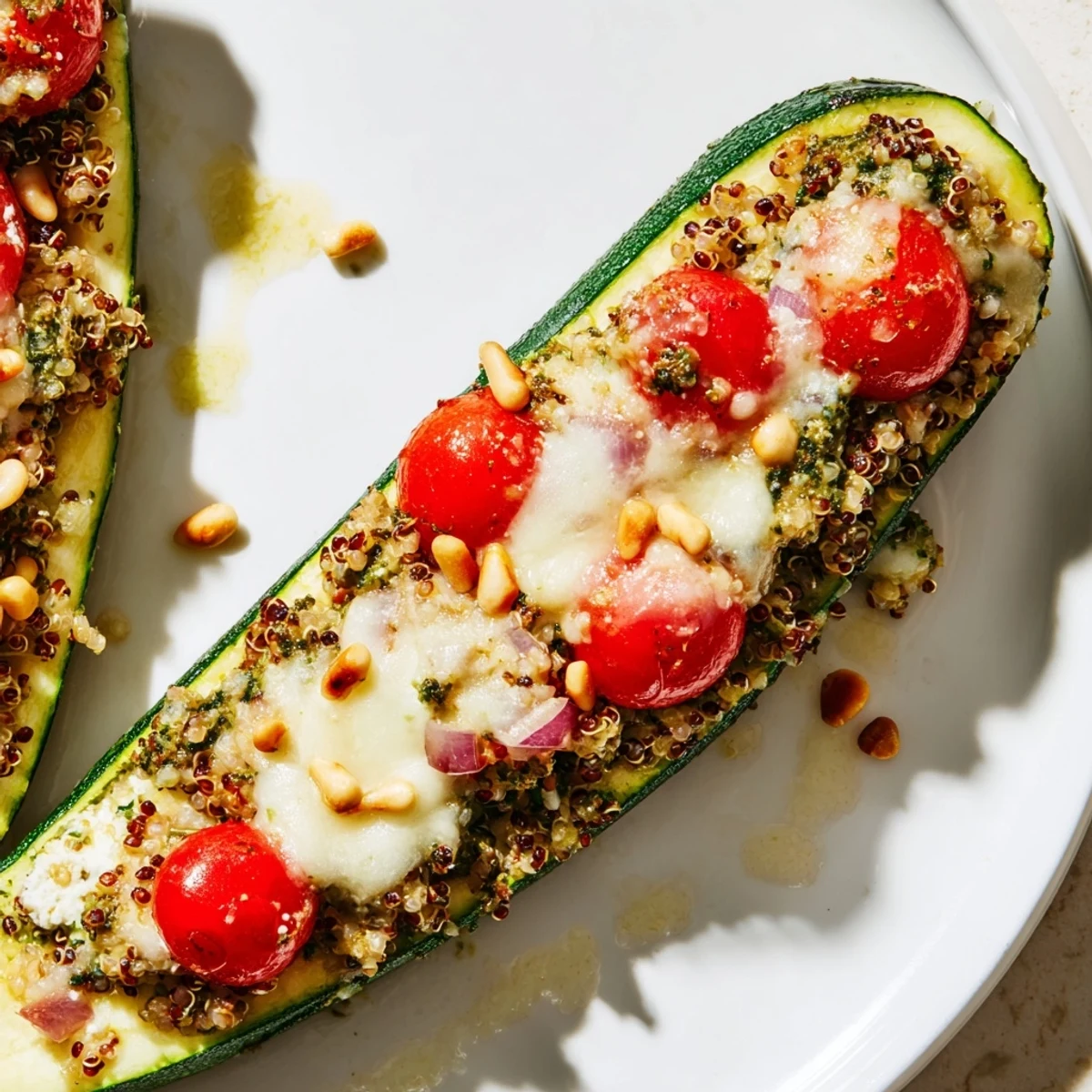 A close-up of delicious Cheesy Pesto Zucchini Boats, with fresh basil garnish, ready to be enjoyed.