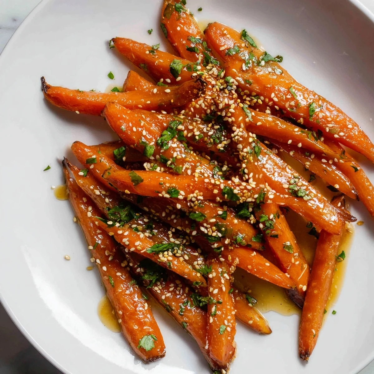 Tender, caramelized Maple Mustard Roasted Carrots, glistening on a baking sheet, ready to serve.