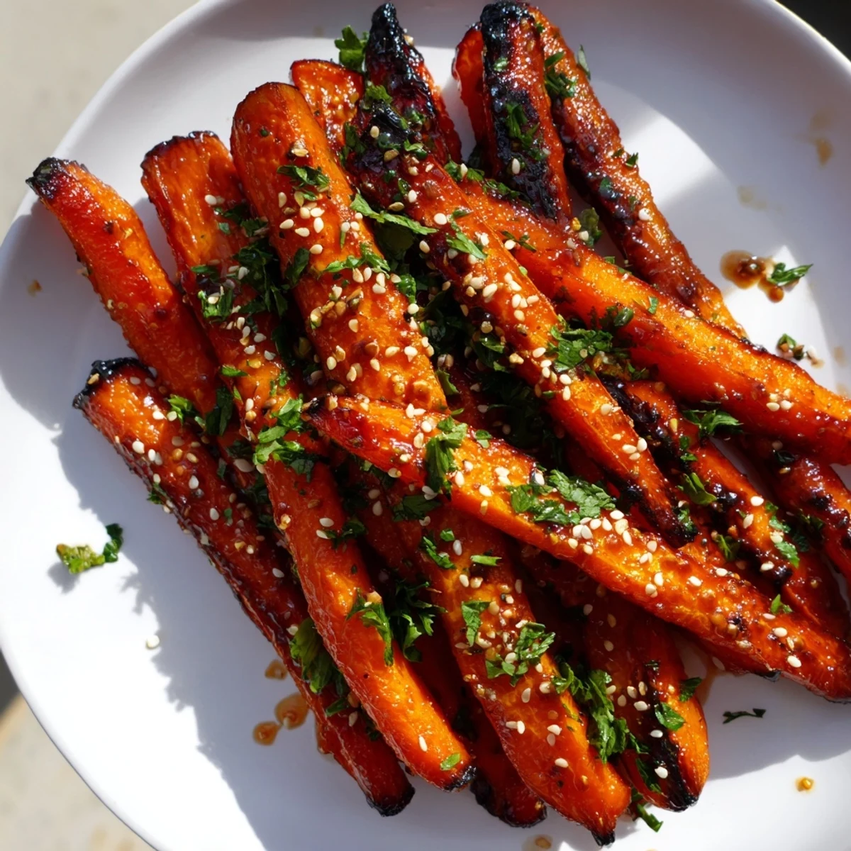 Golden-brown Maple Mustard Roasted Carrots with a sweet glaze, perfect side for dinner.