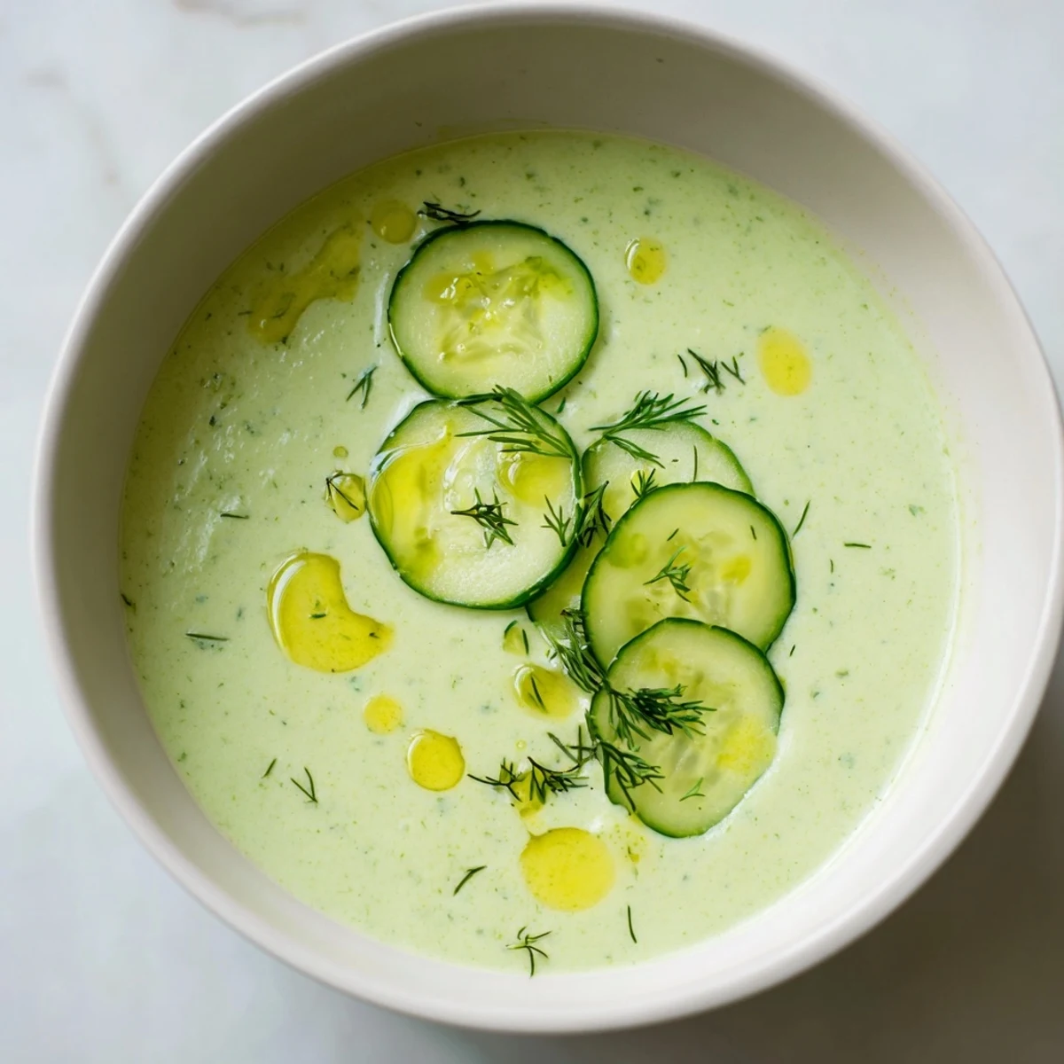 A vibrant bowl of chilled Cucumber Garlic Soup, a refreshing cold summer meal starter.