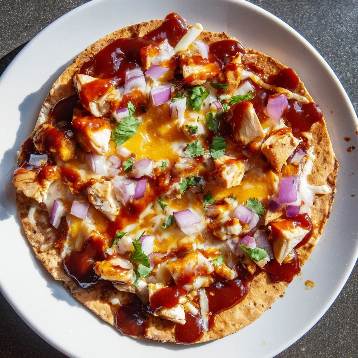 BBQ chicken flatbread features melted cheese, juicy chicken, and fresh cilantro, perfect for a flavorful meal.
