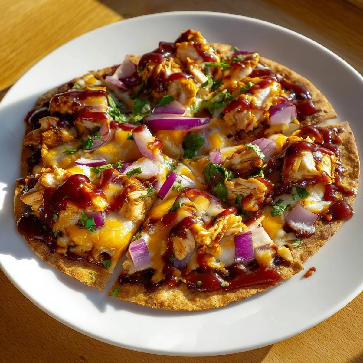 Enjoy a close-up of this BBQ chicken flatbread, with its savory scent and perfectly browned crust.