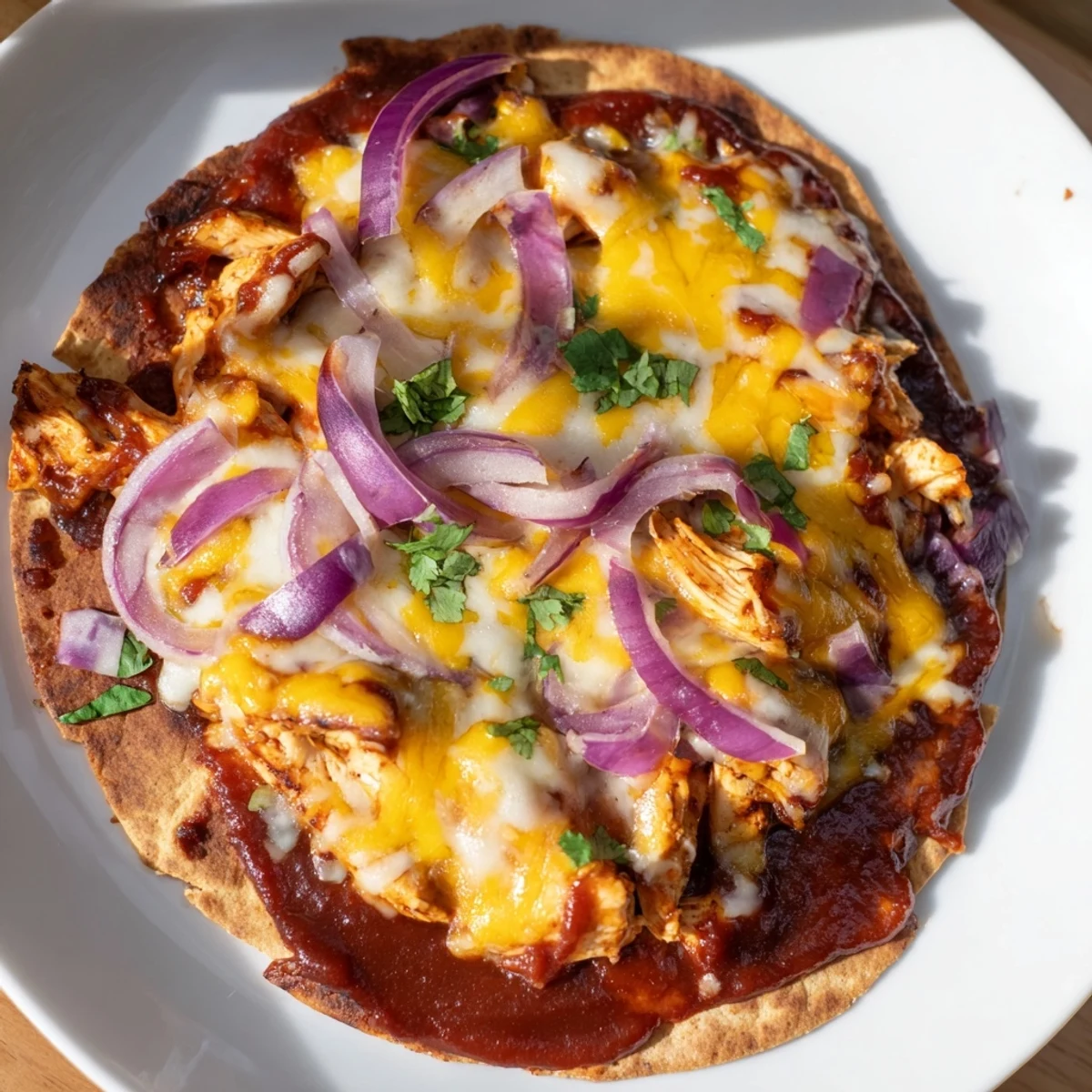 Golden, crispy BBQ chicken flatbread showcases bubbly cheese and vibrant toppings for a delicious dinner.