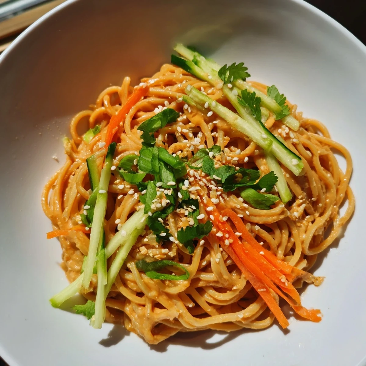 Cold sesame noodles, coated in a luscious sauce, topped with crisp vegetables for an inviting lunch.