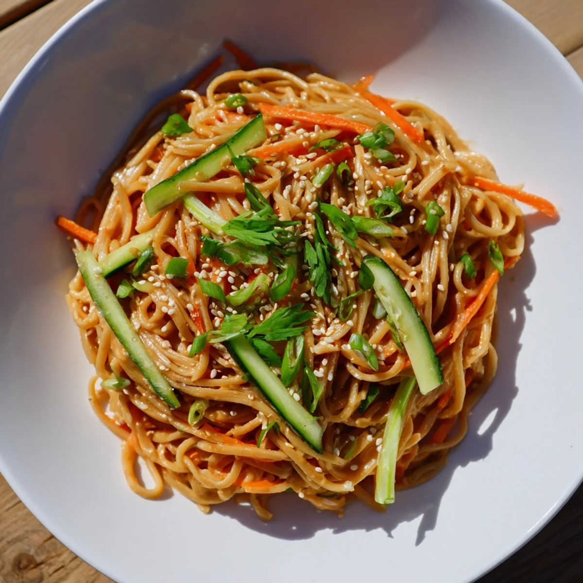 A bowl of vibrant cold sesame noodles with fresh herbs, ready to be enjoyed as a cool meal.