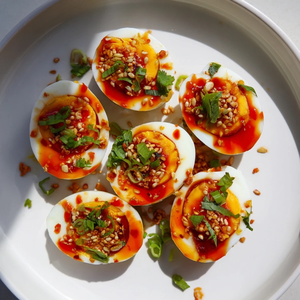 Steaming Chili Oil Eggs, the vibrant yolks glistening under a spicy, fragrant chili oil glaze.