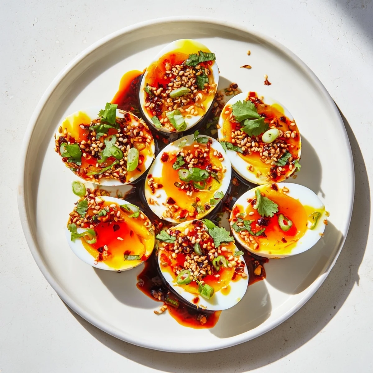 A close-up of Chili Oil Eggs, served with toasted sesame seeds and fresh green onion.