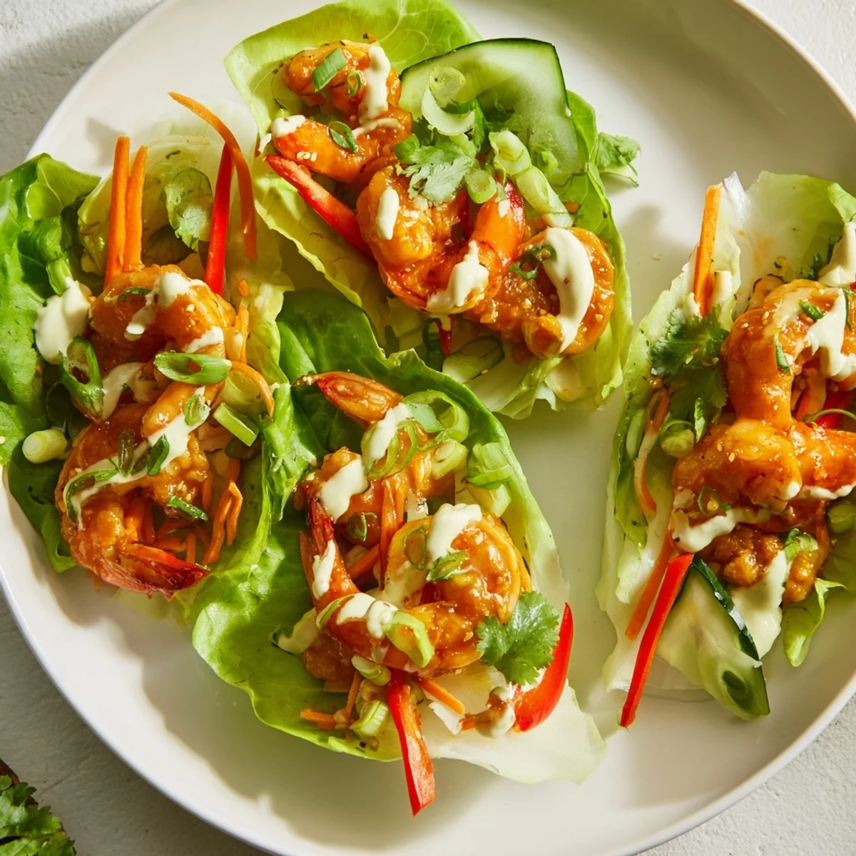 Fresh, flavorful shrimp lettuce cups with colorful veggies and a creamy, spicy sauce.