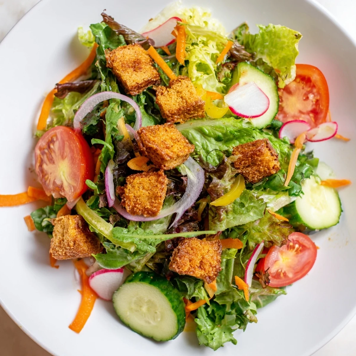 Golden, crunchy chickpea croutons top this flavorful Mixed Greens Salad offering a delightful texture contrast.