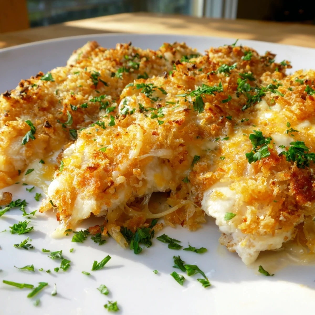 Golden, bubbly Cheesy Baked Chicken Breast, a simple American dinner with melted cheese and crispy breadcrumbs.