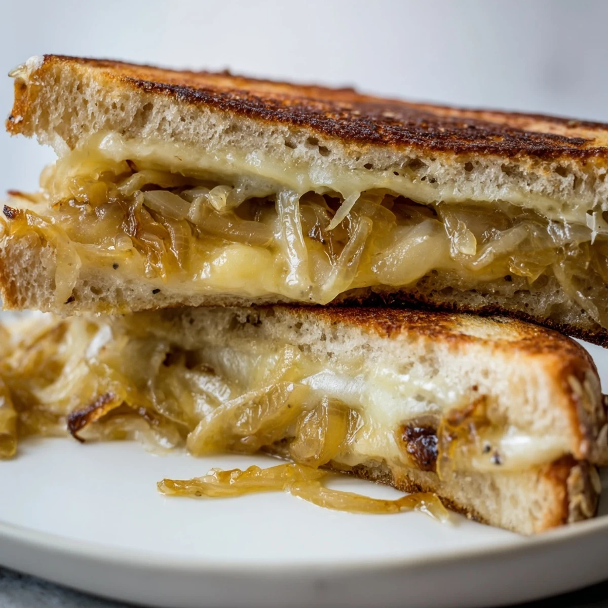 Golden, melted Gruyère oozing from the Caramelized Onion and Gruyère Grilled Cheese, ready to eat.