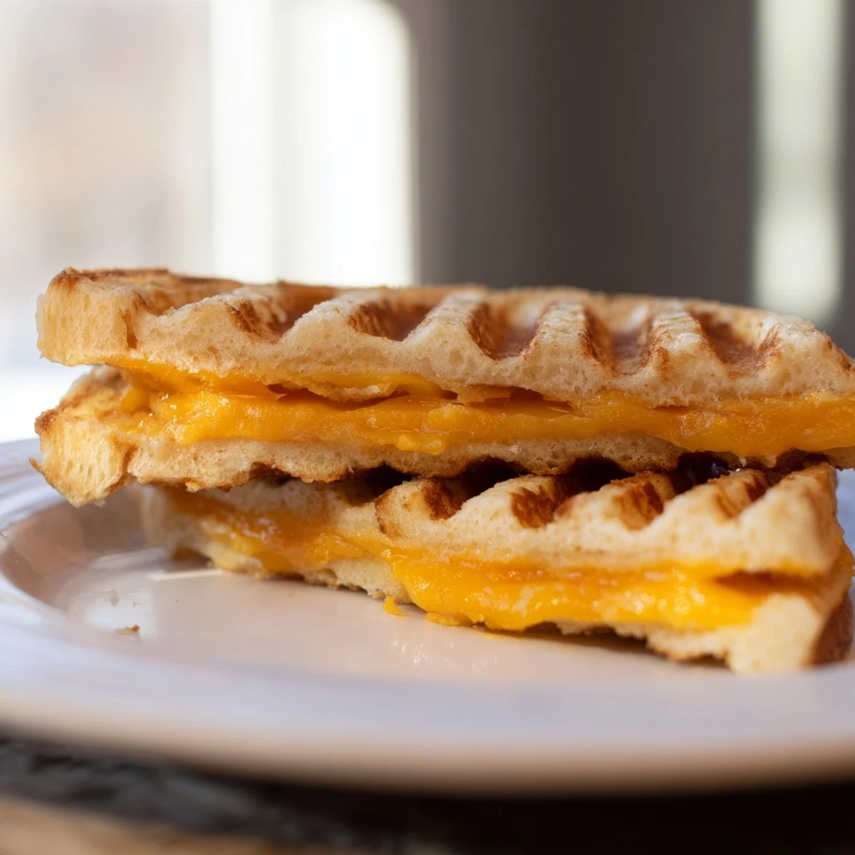 Crispy golden Waffle Grilled Cheese, oozing melted cheddar, a delicious and easy American comfort food.