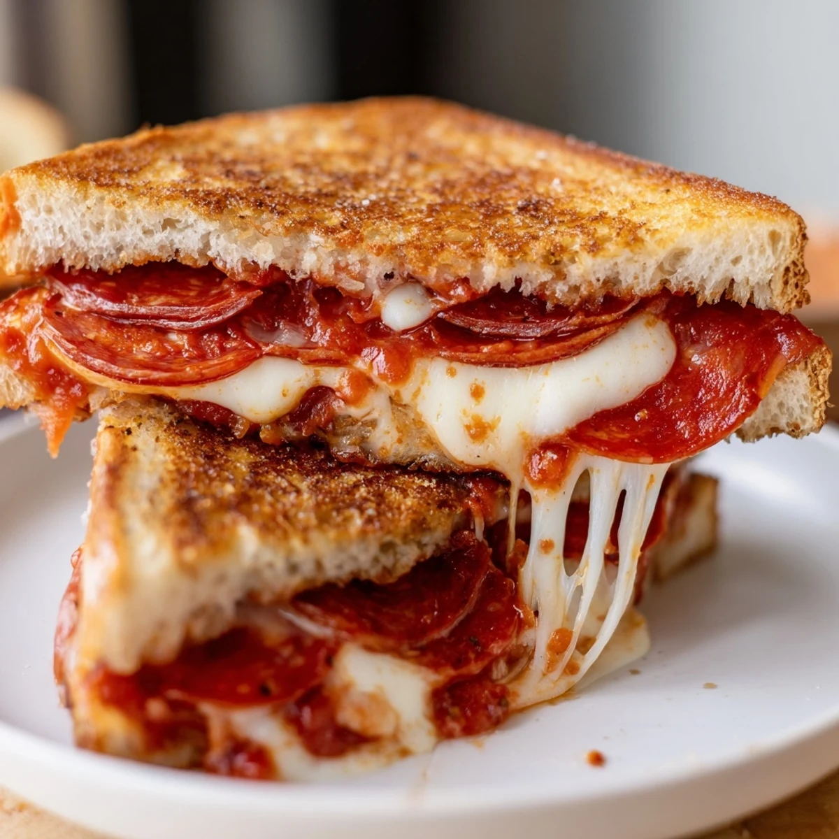 Golden-brown Pizza Grilled Cheese sandwich, oozing melted mozzarella and pepperoni, ready to devour.