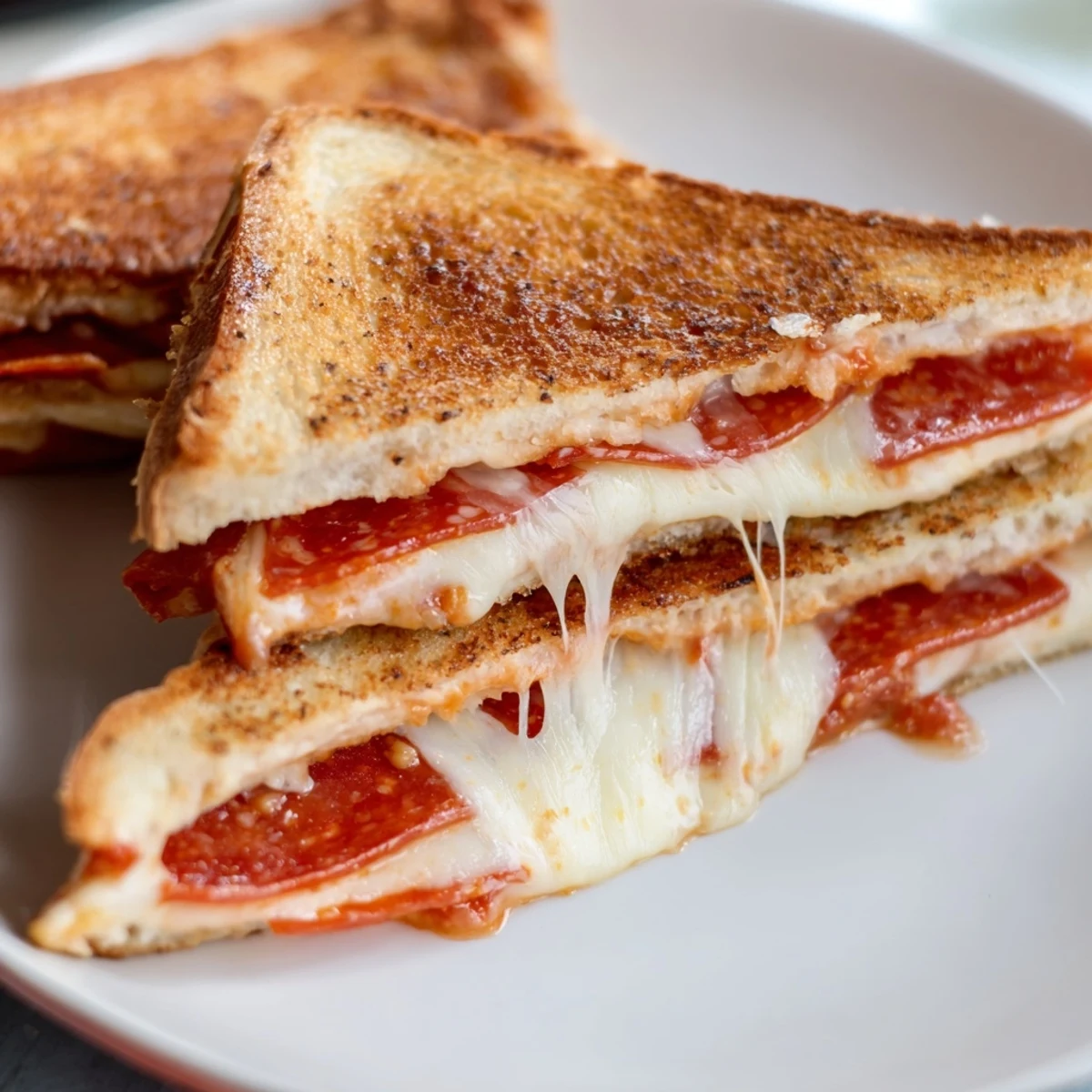 Freshly made Pizza Grilled Cheese, sliced and served with dipping marinara, a delicious comfort food.
