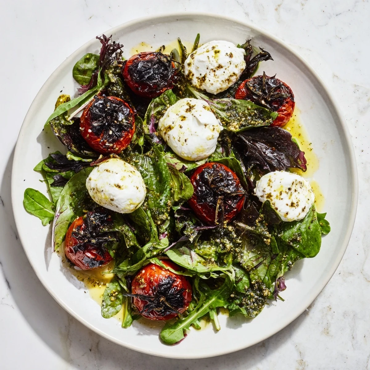 Beautiful Charred Tomato Salad with creamy burrata, drizzled with basil-infused olive oil.