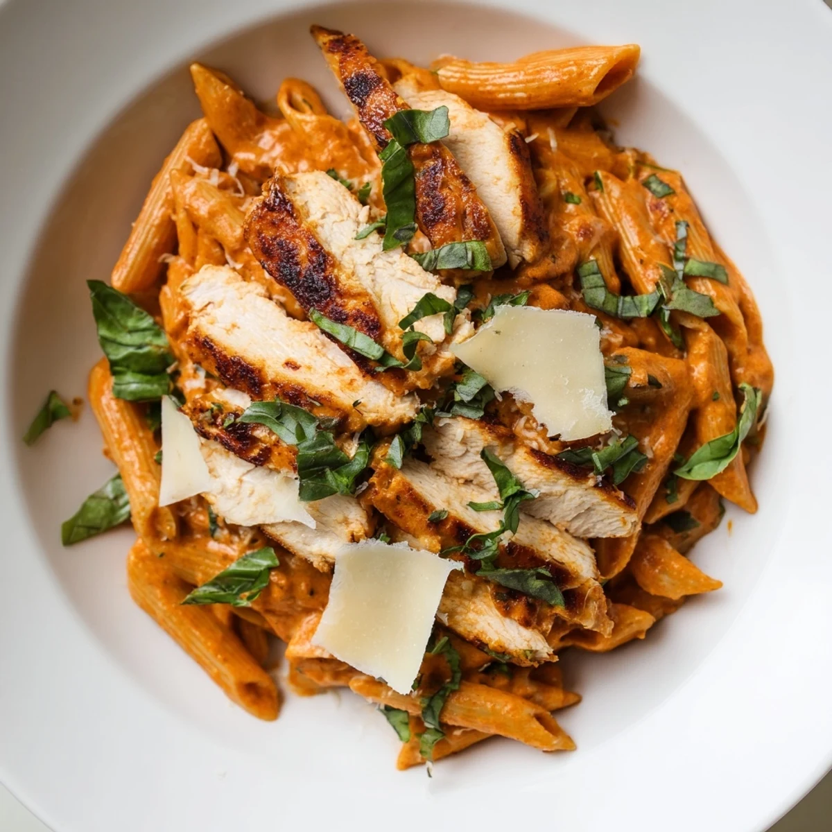 Creamy tomato basil chicken pasta glistening, with sliced chicken and parmesan cheese sprinkled on top.