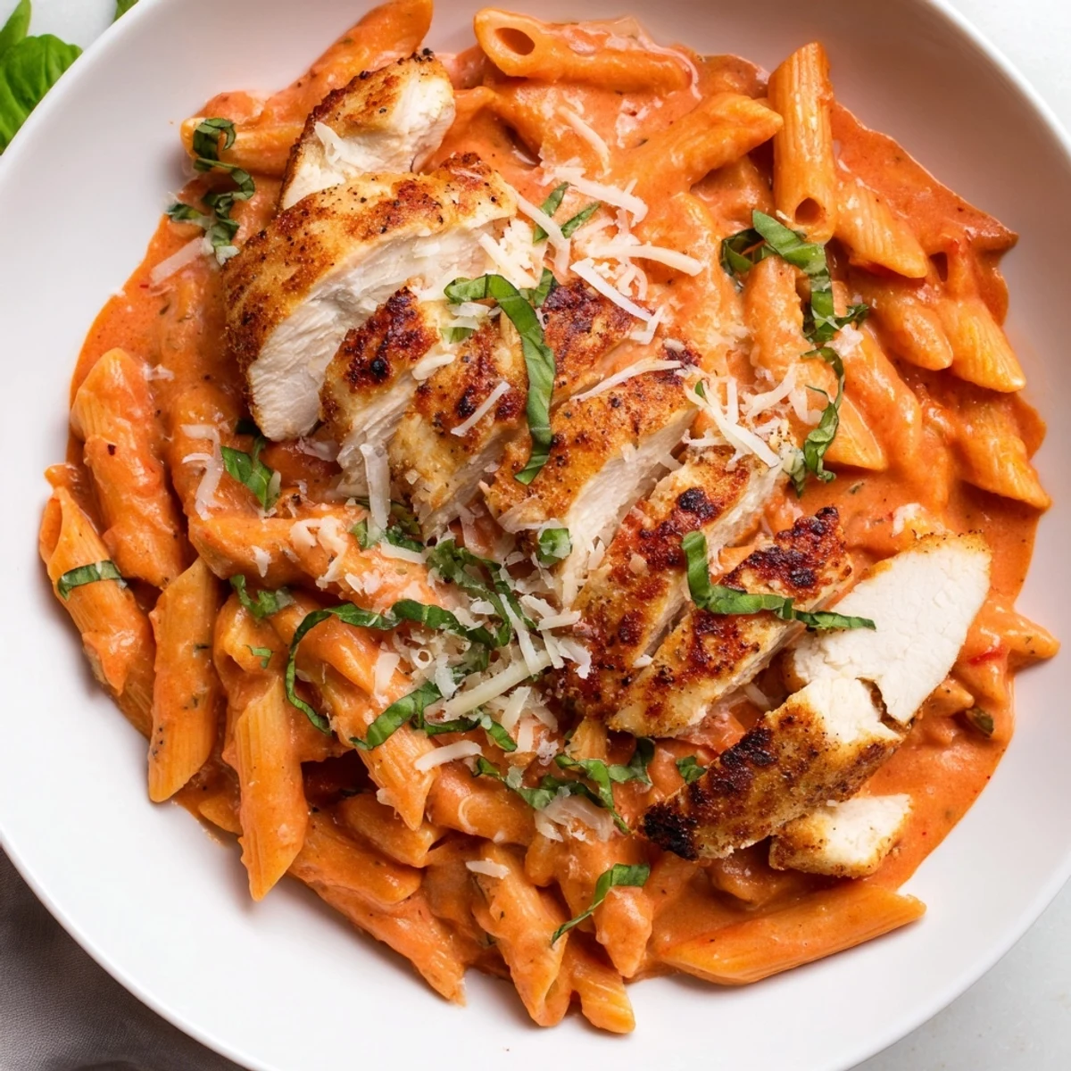 A close-up of creamy tomato basil chicken pasta, showcasing tender chicken and vibrant basil garnish.