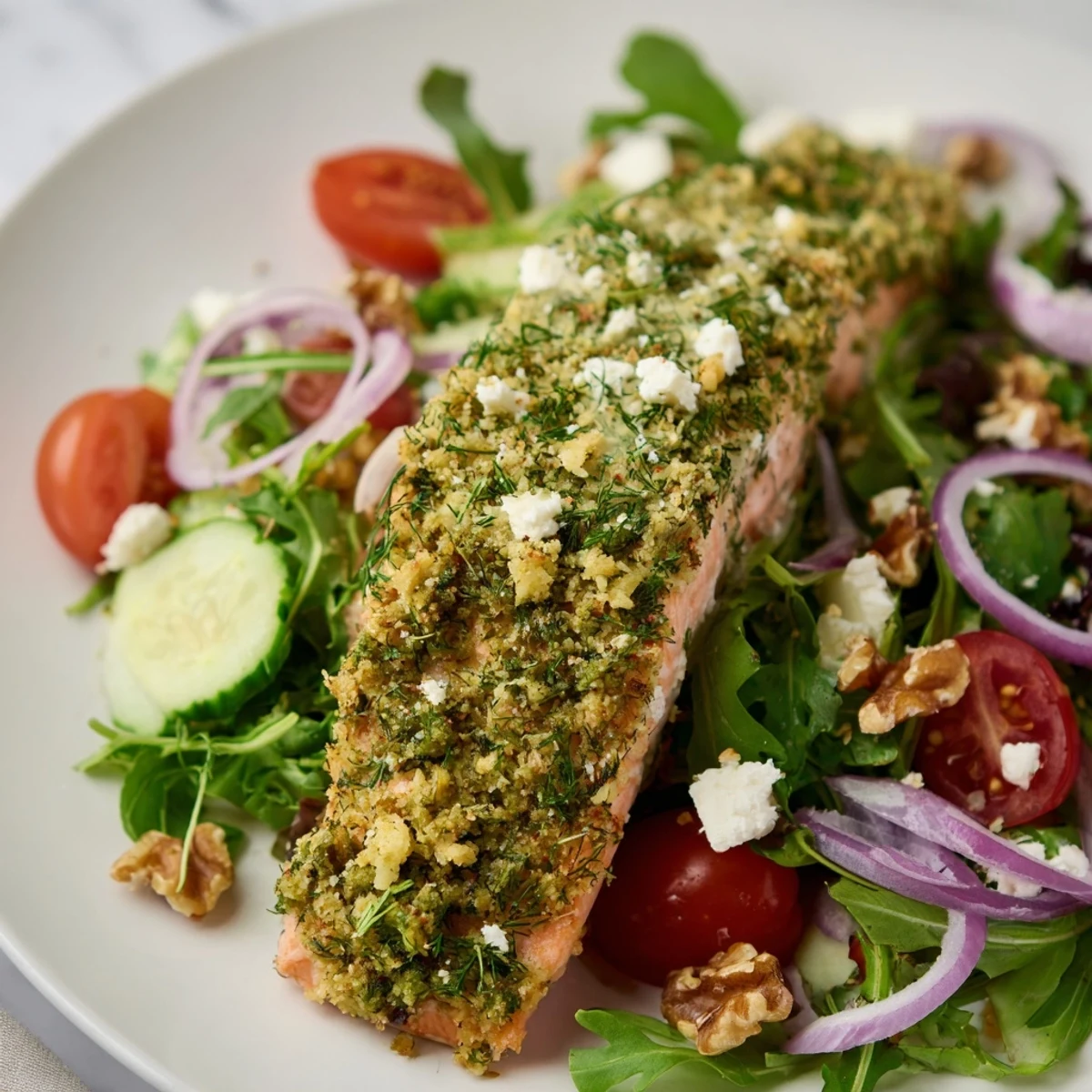 Flaky herb-crusted salmon salad, served with vibrant salad greens and zesty homemade vinaigrette.