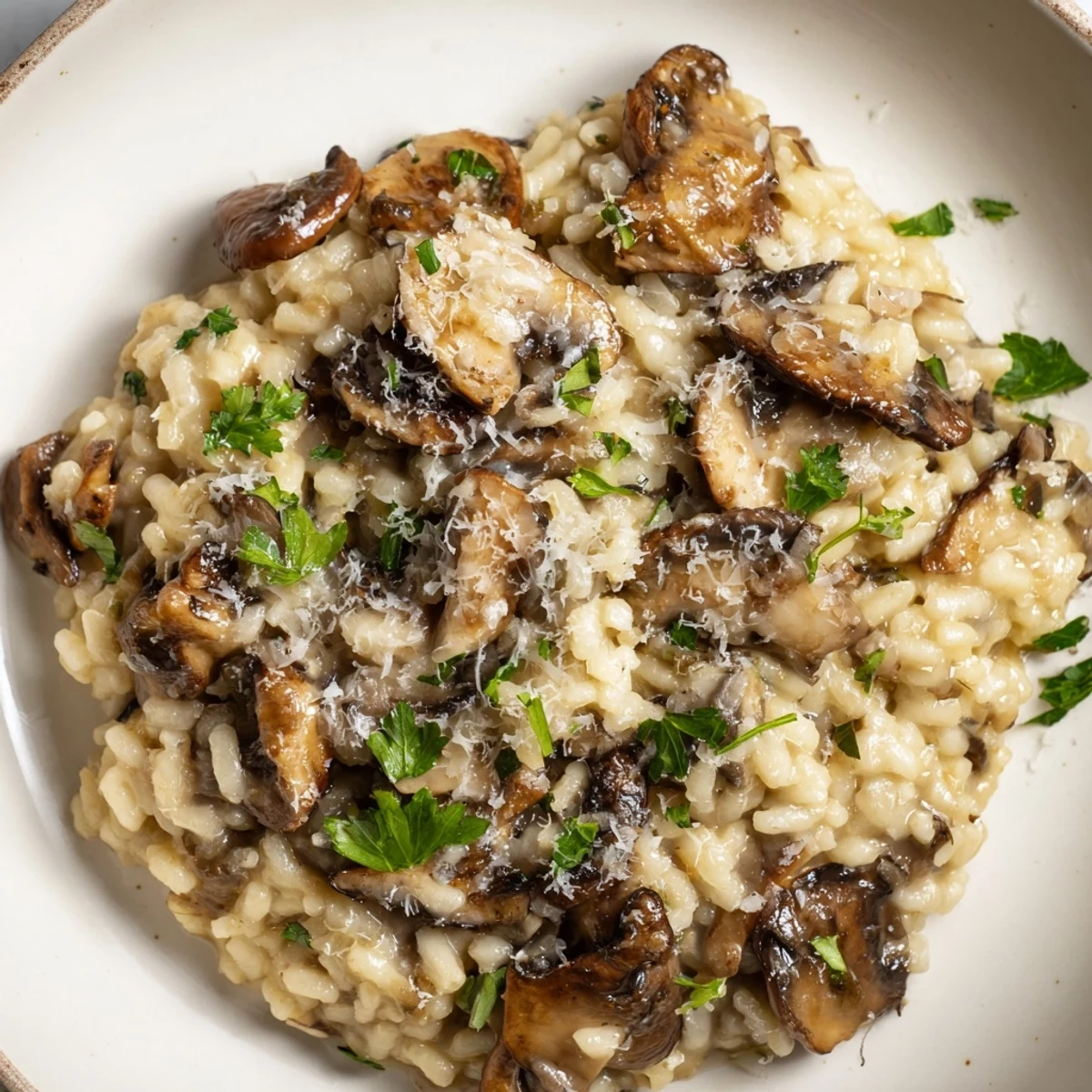 Creamy mushroom risotto, a comforting Italian rice dish garnished with fresh parsley and Parmesan.